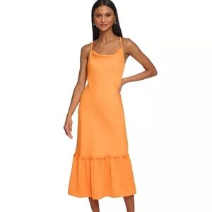 KARL LAGERFELD PARIS Women's Cowl-Neck Ruffle Bottom Midi Dress Orange Size 8